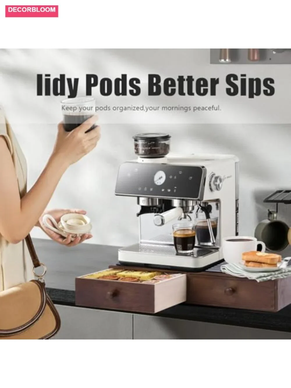Wooden Coffee Pod Drawer Holder for Counter 30 Pod Capacity with 2 Drawers